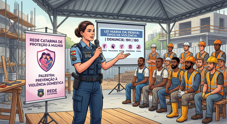 Polícia Militar realiza palestras sobre violência doméstica para trabalhadores de obras em Tubarão
